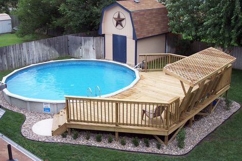 View of 24' round 52" tall above ground pool that is sunk into the ground 24" to ease entry & exit of pool & provides more privacy, as it is not above the fence line. Cheap Above Ground Pool, Pool With Deck, Wood Pool Deck, Ideas De Piscina, Decks Around Pools, Round Above Ground Pool, Pool Deck Plans, Best Above Ground Pool, Swimming Pool Decks