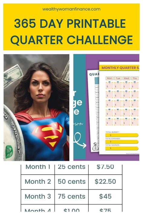 365 Day Printable Quarter Challenge with a superhero-themed design and a monthly savings tracker table. Quarter Challenge 365, Quarter Saving Challenge, Easy Money Saving Challenge, Quarter Challenge, Visual Motivation, Pantry Challenge, Kids Budget, Savings Challenge Printable, Saving Challenges