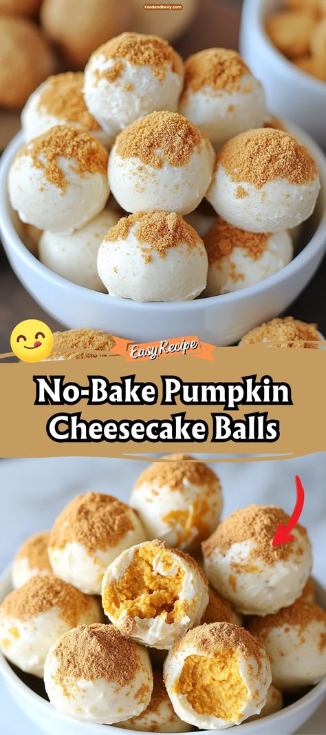 Enjoy the flavors of fall without the fuss with No-Bake Pumpkin Cheesecake Balls. These delightful treats feature a creamy pumpkin spice cheesecake filling coated in crumbled graham crackers for a crunchy finish. They are perfect for festive gatherings or as a sweet snack on a cool autumn day. #PumpkinCheesecake #NoBakeDessert #FallTreats No Bake Pumpkin Cheesecake Balls, Pumpkin Spice Cheesecake Bites, Pumpkin Cheesecake Balls, No Bake Cheesecake Bites, Pumpkin Cheesecake Bites, Dessert Balls, Strawberry Cheesecakes, Spice Cheesecake, Cheesecake Balls