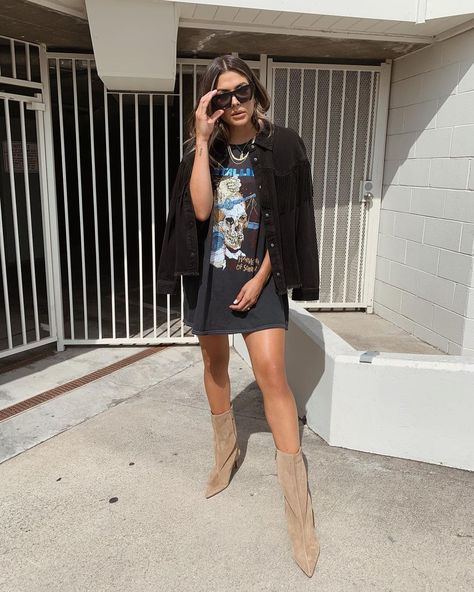 Erin Aguilera on Instagram: “I think we can all agree it’s a shit show right now, so be kind, and mind your biz 😎” Graphic Tee Boots Outfit, Boots With Summer Outfit, Tshirt Dress With Sneakers Outfit, Outdoor Chic Outfit, Graphic Tee Dress Outfit, T Shirt Dress With Boots, Cowgirl Boots Outfit Summer, Graphic T Shirt Dress, Western Boot Outfit