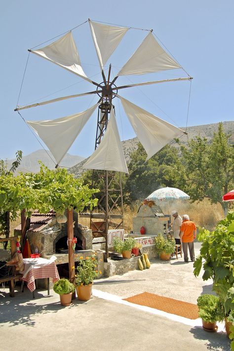 Crete island Greece, Plateau of Lassithi restaurant op de hoogvlakte van lassithi Crete Island Greece, Crete Island, Greece Islands, Crete, Patio Umbrella, Greece, Restaurant, Patio, Van