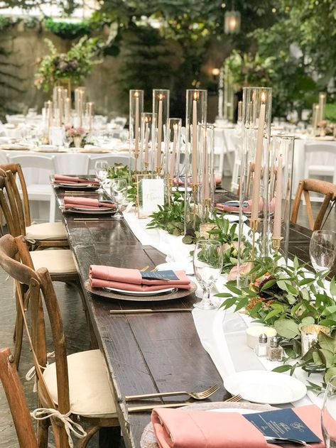 sand taper candles, gold candlesticks. Greenery garland, floral accents Farm Table Centerpiece, Gold Candle Sticks, Greenhouse Wedding, Greenery Garland, Garland Wedding, Farm Table, Wedding Table Centerpieces, Taper Candles, Greenery Wedding