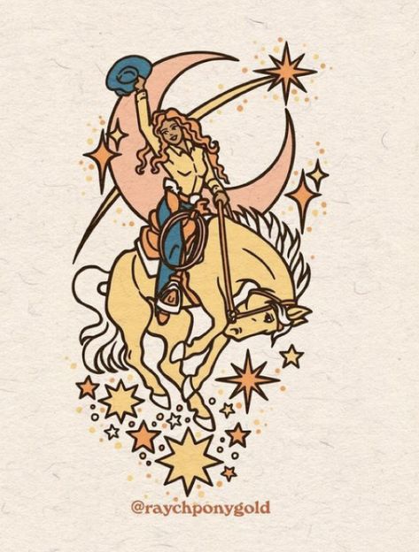 Vaquero Drawing, Cosmic Cowgirl Tattoo, Cowgirl Illustration Art, Retro Cowgirl, Cowgirl Illustration, Vintage Cowgirl Tattoo Flash, Vintage Cowgirl Illustration, Cowgirl And Horse Drawing, Cowgirl Vintage Illustration