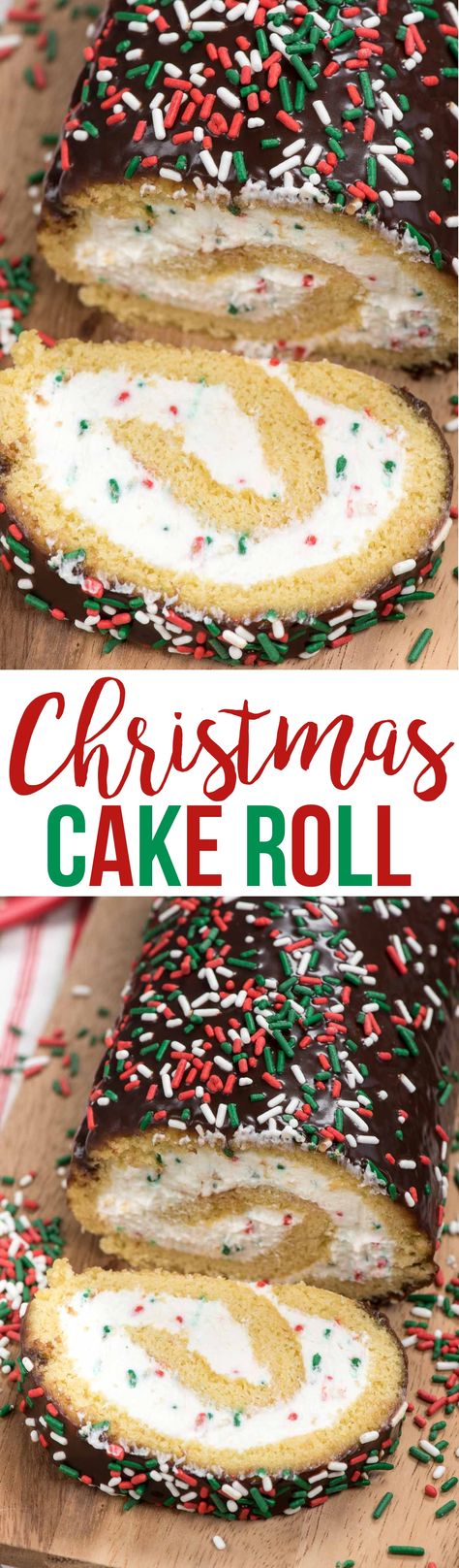 Make this Christmas Cake Roll for the perfect holiday dessert! A yellow cake roll filled with cream cheese whipped cream and sprinkles perfect for Christmas! via @crazyforcrust Christmas Cake Roll, Cream Cheese Whipped Cream, Chocolate Swiss Roll, Chocolate Roll Cake, Yule Log Cake, Dessert Parfait, Cake Roll Recipes, Log Cake, Holiday Sprinkles