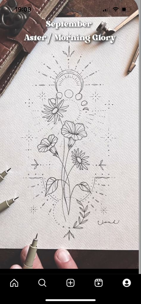 Daffodil Compass Tattoo, Aster Flower Tattoo September Small, Half Moon Flower Tattoo, Aster And Morning Glory Drawing, Celestial Flower Tattoo, September Birth Flower Drawing, Aster And Morning Glory Flower Tattoo, Kid Name Tattoo Ideas, September Birth Flower Tattoo Aster