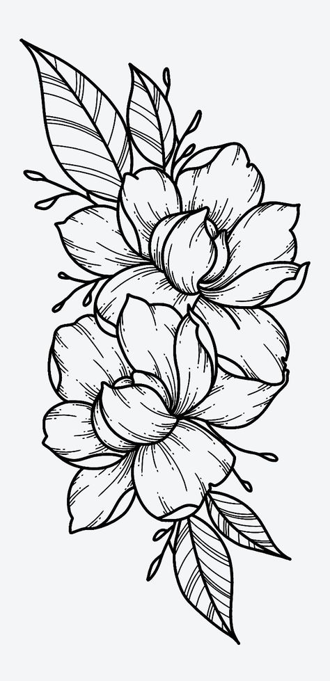 Drawing Of Flowers, Magnolia Tattoo, Seni Pastel, Floral Tattoo Design, Pola Sulam, Coloring Book Art, Tattoo Design Drawings, Creative Tattoos, Tattoo Stencils