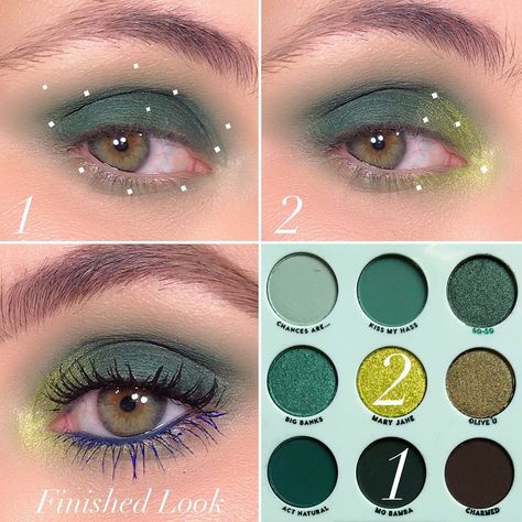 @colourpopcosmetics -Just My Luck Eyeshadow Palette  1️⃣Mo Bamba- Apply to the lid and with what’s left blend upwards towards the brow and… Green Eyeshadow Palette, Eyeshadow Ideas, Makeup Pictorial, Colourpop Eyeshadow, Just My Luck, Eye Makeup Techniques, Eye Makeup Steps, Colourpop Cosmetics, Green Eyeshadow