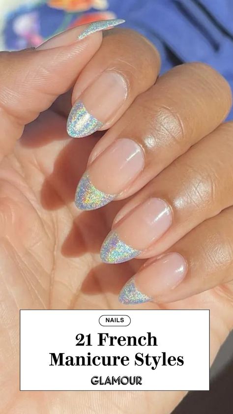 Halo French Nails, French Manicure Nails Glitter, Unicorn French Tip Nails, French Holographic Nails, Chrome Tip Nails Designs, French Tip Inspired Nails, Pearlised Nails, Holo French Tip Nails, Holographic Nails French Tip