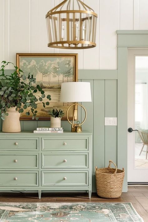 Green Trim Interior, Green Living Room Paint Colors, Sage Green Office, Lavender Living Room, Sage Green House, Sage Living Room, Green Home Offices, Green Entryway, Room Schemes