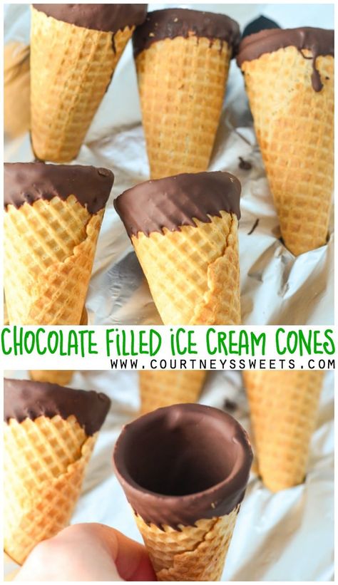 Save money and make your own Chocolate Filled Ice Cream Cones just like those ice cream cones you find in the freezer section! Delicious chocolate filled sugar cones for homemade ice cream. Such a simple recipe!! via @CourtneysSweets Ice Cream Cones Recipe, Dipped Ice Cream Cones, Chocolate Bread Recipe, Waffle Cone Recipe, Cone Dessert, Make Your Own Chocolate, Chocolate Pie Recipes, Ice Cream Maker Recipes, Sugar Cones