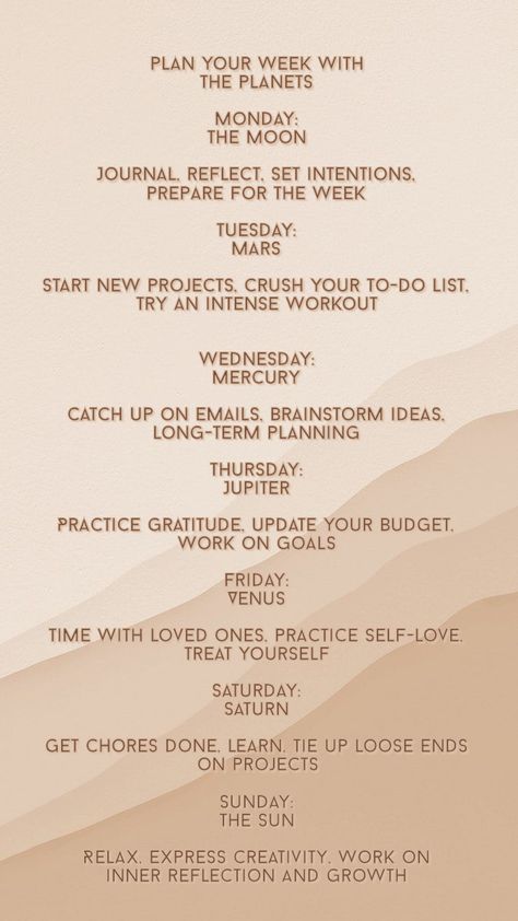 Planning based on planets Days Of The Week Manifestation, Days Ruled By Planets, Planets Of The Week, Planets Days Of The Week, Plan Your Week With The Planets, Spiritual Days Of The Week, Days Of The Week And Planets, Days Of The Week Meaning, Days Of The Week Ruling Planets