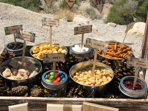 Trail Mix Station | would be a great idea for camping or for an event #scouts #snacks Trail Mix Bars, Kids Camping Party, Hiking Birthday, Hiking Party, Bigfoot Party, Trail Mix Bar, Petite Cakes, Sheriff Callie Birthday, Bigfoot Birthday