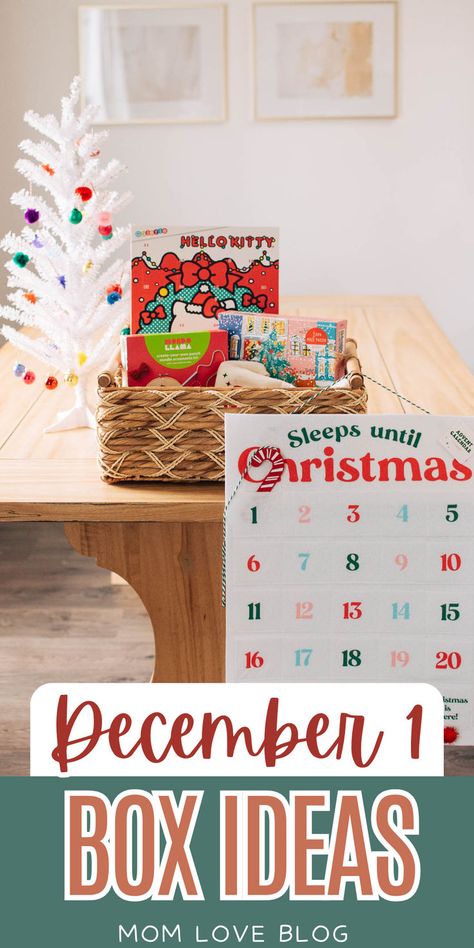 Pinterest graphic with photo of Christmas items with text that reads "December 1 box ideas." December 1st Box Ideas, First Of December, Box Ideas For Kids, Christmas Activities For Families, Christmas Things To Do, Holiday Traditions Family, Traditions To Start, Cheap Christmas Gifts, Christmas Puzzle