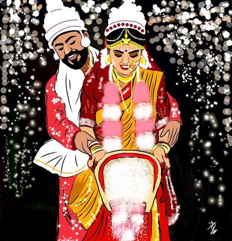 Marriage Frame, Kali Picture, Indian Wedding Reception Outfits, Cake Topper Wedding Couple, Bride Cake Topper, Bride Cake, Wedding Couple Cartoon, Indian Wedding Invitation Card Design, Bengali Art