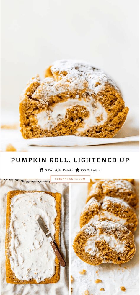 Skinnytaste Desserts, Pumpkin Roll Recipe Easy, Pumpkin Roll Recipe, Banana Pecan Bread, Pumpkin Roll Cake, Pumpkin Rolls Recipe, Ww Desserts, Pumpkin Roll, Pumpkin Pie Recipes