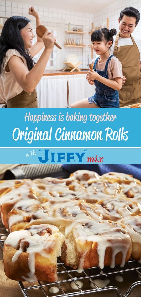 In just 4 easy steps, your family can enjoy a warm batch of Original Cinnamon Rolls made with "JIFFY" Baking Mix. They're the perfect recipe to bake for breakfast, brunch, or a sweet after-dinner treat. Corn Muffin Mix Recipes, Bisquick Cinnamon Rolls, Jiffy Mix Recipes, Jiffy Recipes, Biscuit Cinnamon Rolls, Quick Cinnamon Rolls, Baking Mix Recipes, Jiffy Mix, Cinnamon Roll Bake