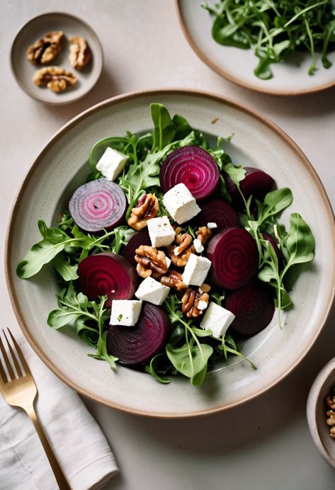 Roasted Beet and Arugula Salad - Vegetarian Red Beet Salad, Beet And Arugula Salad, Red Beets Salad, Lemongrass Soup, Salad Vegetarian, Creamy Goat Cheese, Red Beets, Autumn Salad, Balsamic Dressing