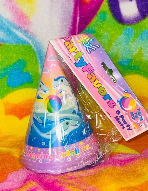 Dolphins Birthday Party, Frank Ocean Birthday, Lisa Frank Birthday Party, Dolphin Birthday Parties, 2000s Childhood, Birthday Party Hats, Lisa Frank, Tropical Beach, Cool Cards