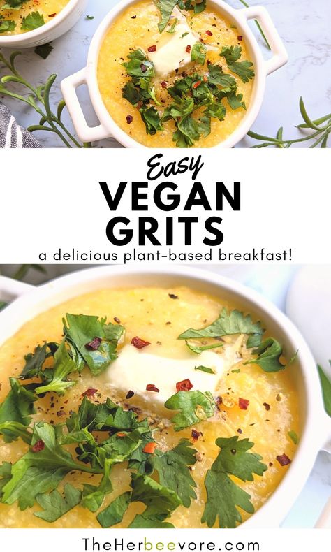 These vegan grits are a creamy delicious and flavorful breakfast recipe made with plant-based butter, fresh herbs, and corn polenta grits. Ready in 15 minutes, these simple grits are a hearty filling morning meal. Vegan Grits Bowl, Dairy Free Polenta Recipes, Vegan Cheese Grits, Mushroom Grits Recipe, Dairy Free Grits, Vegan Grits Breakfast, Vegan Grits Recipe, Vegan Shrimp And Grits, Cajun Grits Recipe