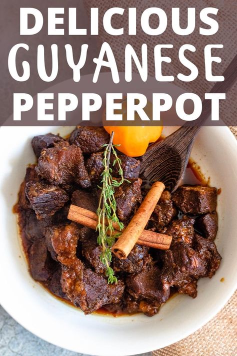 Pepperpot is a Guyanese dish that is the pride and joy of the country. It is made by cooking a combination of beef and pork together with a unique Guyanese ingredient, Cassareep. Guyanese Recipes, South American Recipes, Beef And Pork, Slow Cooked Meat, Brown Sauce, Beef Short Ribs, Global Recipes, The Pride, Food Culture