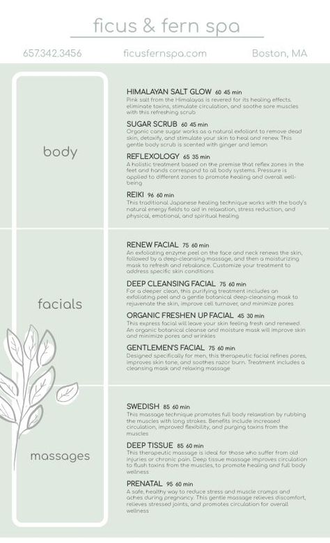 Spa Menu Example Design Template by MustHaveMenus Spa Services Menu Ideas, Service Menu Spa, Esthetics Menu Ideas, Salon Menu Card Design, Massage Price List Ideas, Spa Menu Design Layout, Spa Menu Ideas Price List, Esthetician Price List Template, Beauty Menu Design