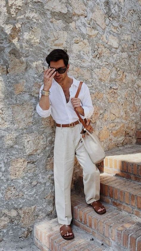 Oversized Pants Outfit, White Linen Pants Men, Linen Pants Outfit Men, White Linen Pants Outfit, Riviera Fashion, Linen Summer Outfits, Summer Brunch Outfit, Linen Pants Outfit, Mens Linen Pants