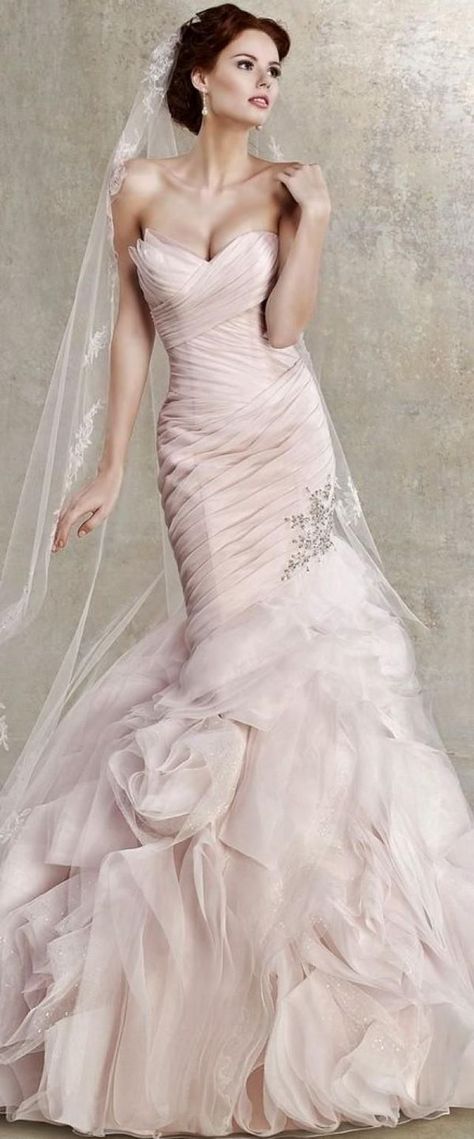 mermaid wedding dress in blush pink color with beautiful ruffles  #romantic #trendy #blush #pink #wedding #dress Kitty Chen, Blush Wedding Gown, Blush Pink Wedding Dress, Mode Retro, Blush Gown, Pink Wedding Dress, Pink Wedding Dresses, Beautiful Wedding Gowns, Used Wedding Dresses