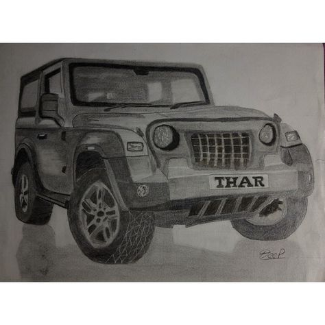 Mahindra Thar Sketch, Thar Car Drawing Sketch, Mahindra Thar Drawing, Cars Sketch Pencil, Jeep Drawing, Car Drawing Pencil, Bus Drawing, Mahindra Thar, Bike Drawing