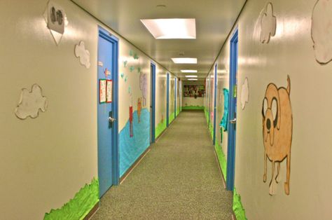 Adventure Time Themed Residence Hall! Adventure Time Door Decs, Adventure Time Bulletin Board, Ra Hallway Decorations, Ra Hall Themes Floors, Floor Themes Residence Hall, Dorm Hall Themes, Ra Themes, Ra Boards, School Hall