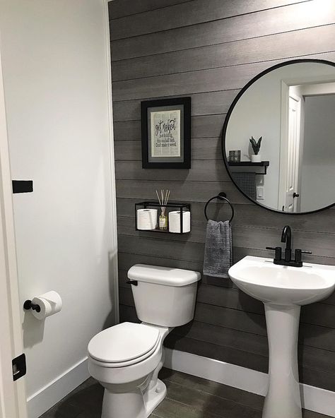 20 Modern And Stylish Grey Shiplap Ideas You Should See Grey And White Powder Room, Charcoal Accent Wall Bathroom, Modern Farmhouse Small Bathroom Ideas, Small Bathrooms With Shiplap, Small Basement Bathroom Ideas Half Baths, Ship Lapped Walls Bathroom, Small Grey Bathroom Ideas Decor, Small Bathroom With Shiplap, Shiplap Wall In Bathroom