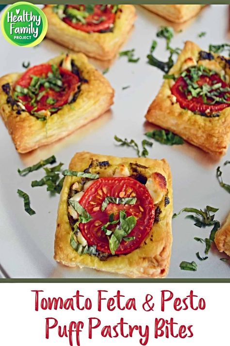 Tomato, Feta & Pesto Puff Pastry Bites | These Tomato, Feta & Pesto Puff Pastry Bites will be a hit at your next holiday get-together. An easy to make and mouthwatering appetizer. | Healthy Family Project #appetizers #puffpastry #recipes #holidays #tomato Pesto Puff Pastry, Tomato Tart Puff Pastry, Feta Pesto, Puff Pastry Bites, Cream Cheese Puffs, Pastry Bites, Cream Cheese Puff Pastry, Puff Pastry Appetizers, Cheese Puff Pastry