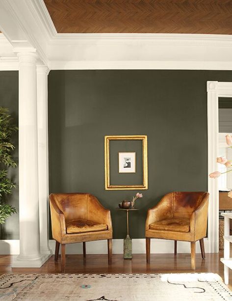 Dark Olive Green Feature Wall, Green Room With White Trim, Bonsai Benjamin Moore, Dark Rooms With White Trim, Dark Room White Trim, Green Paint White Trim, Sterling Forest Benjamin Moore, Sioux Falls Benjamin Moore, Green Living Room Wood Trim