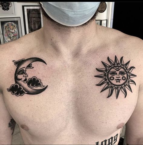 Sun And Moon Patchwork Tattoo, Aztec Sun And Moon Tattoo, Moon Tattoo Designs For Men Ideas, Dark Sun And Moon Tattoo, Sun Moon Chest Tattoo, Gothic Sun And Moon Tattoo, Sun Throat Tattoo, Evil Sun Tattoo, Sun And Moon Knee Tattoo