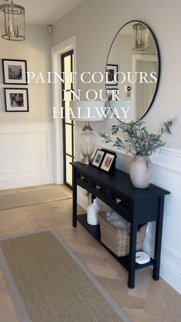 Sophie Higgs on Instagram: "HALLWAY PAINT COLOURS🤍 One of my most asked questions is what colour are the walls and panelling in our hallway, so I thought it would be helpful to add the details and photos of the paint tins

The bottom half of the walls and the panelling are all painted in the same @duluxtrade paint and then the top half is painted in a @valsparpaintuk bespoke colour, I’ve added the reference codes for a 5 litre tin so you can screen grab them 😘 I think it’s the perfect neutral colour 

I’m starting the panelling in Darcie’s room today, I’ll share some progress in my stories

Hope you all have a lovely day
Sophie 😘

#paintcolours #neutralpaint #panelling #wallpainting #wallpanelling #hallwaydecor #hallwaydesign #hallwaypanelling #hallwayinspo #hallwayideas" Painting A Hallway Ideas, Black End Of Hallway, Dark Wood Hallway Ideas, Downstairs Hallway Ideas, Calm Hallway, Cream And Black Hallway, Cosy Hallway Ideas, Taupe Hallway, How To Brighten A Dark Hallway