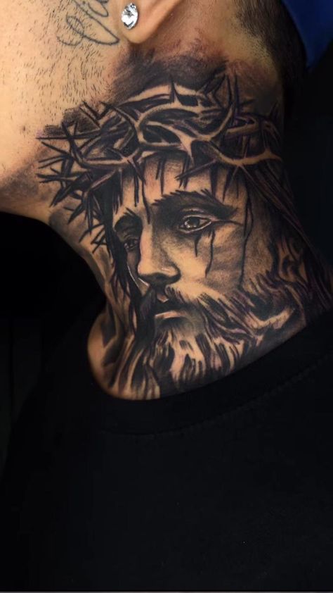 Jesus Neck Tattoo, Full Neck Tattoos, Gladiator Tattoo, Jesus Tattoo, Jesus Christus, Dope Tattoos, Tattoos Ideas, Neck Tattoo, Motocross