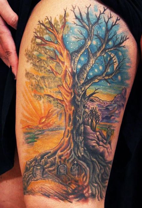 Idaho Tattoo, Chalice Tattoo, Yggdrasil Tattoo, Tree Sleeve Tattoo, Mystical Tattoos, Girl Back Tattoos, Tattoo Trend, Forest Tattoos, Thai Tattoo