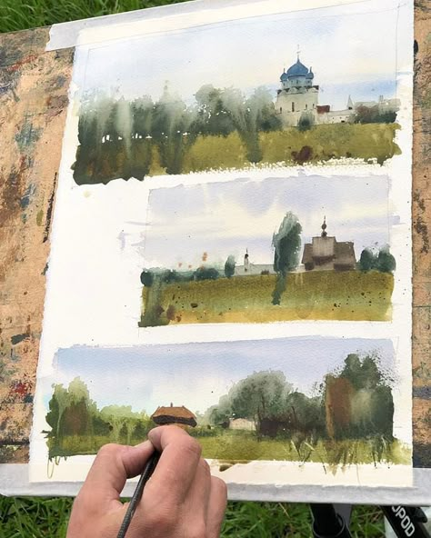 Watercolour Plein Air, Plein Air Watercolor Painting, Watercolor Plein Air, Landscape Watercolor Art, Cityscape Landscape, Plein Air Watercolor, Environment Painting, Watercolour Landscape, Watercolor Architecture