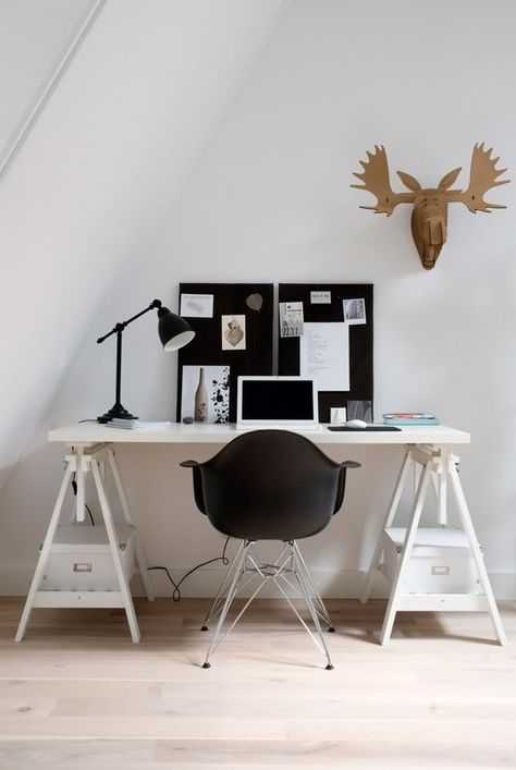 Modern Scandinavian Office, Elephant Geometric, Scandinavian Office, Saw Horse, Ikea Desk, White Desk, Studio Inspiration, Attic Renovation, Attic Remodel