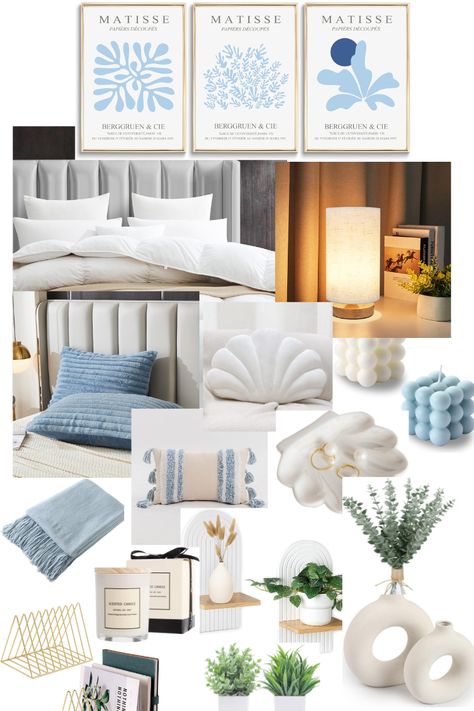 This mood/pinterest board helps people like you get a feel of what you want your new bedroom to be like! Aesthetic Blue Bedroom, Bedroom Inspo Blue, Boho Mood Board, Coastal Mood Board, Navy Bedrooms, Cute Dorm Rooms, Blue Bedroom, Boho Bedroom, Bedroom Inspo