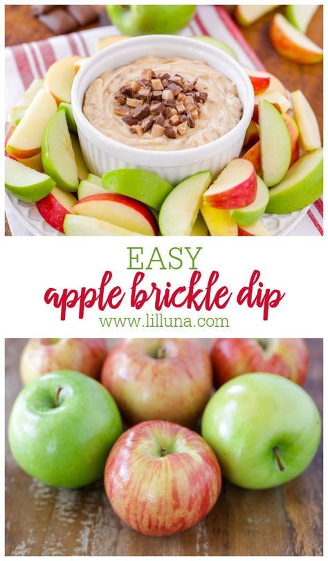 This 5-Ingredient Apple Brickle Dip recipe takes minutes to make and is so delicious! Plus, it uses common ingredients. The addition of Heath Toffee Bits makes it even better! #applebrickledip #appledip #brickledip #fruitdip #diprecipe Heath Fruit Dip, Apple Brickle Dip Recipe, Skor Apple Dip Recipes, Apple Brickle Dip, Brickle Dip, Heath Toffee, Butter Brickle, Apple Dip Recipe, Homemade Chocolate Truffles