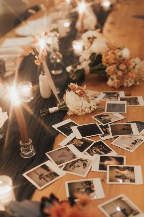 Polaroid Name Cards Wedding, Poloroid Pictures Wedding Ideas, Polaroid Table Wedding, Hen Decorations, Polaroid Table, Wedding Buffet Table, Wedding Photo Table, Wedding Polaroid, Grad Decor