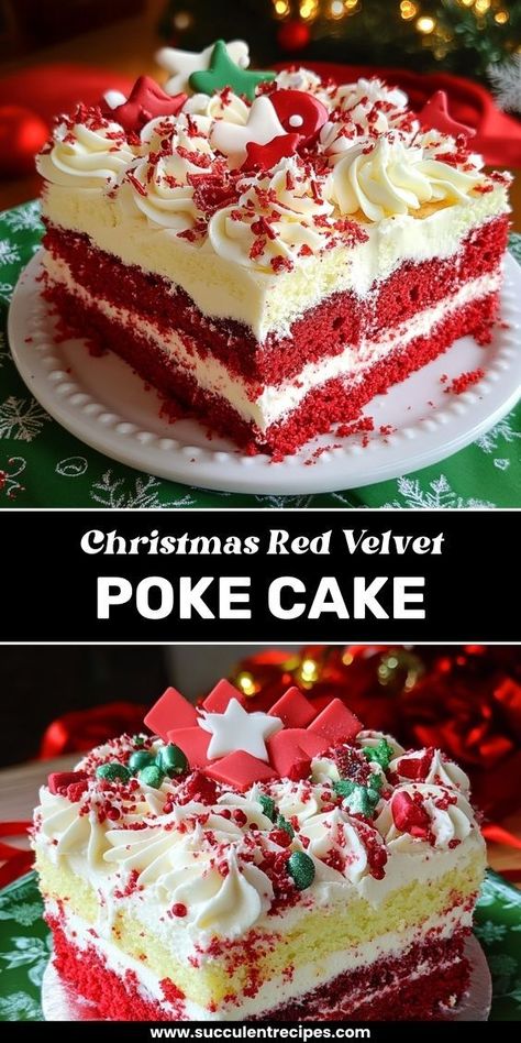 Celebrate the season with this stunning Christmas Red Velvet Poke Cake! Packed with rich, red velvet flavor and topped with a creamy, festive layer, this cake is the perfect sweet treat to bring holiday cheer to your table. Moist Red Velvet Cake, Red Velvet Poke Cake, Christmas Red Velvet, Best Red Velvet Cake, Easy Christmas Cake Recipe, Xmas Desserts, Rich Cake, Whipped Frosting, Dessert Spread