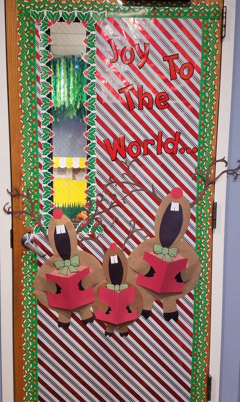 Christmas door with singing reindeer...Joy to the World Music Christmas Door Decorations, Singing Reindeer Door Decoration, Joy To The World Door Decorating Contest, Christmas Song Door Decorations, Christmas Song Door Decorating Contest, Christmas Door Decoration Ideas, Shrek Party, Diy Christmas Door Decorations, Door Decoration Ideas