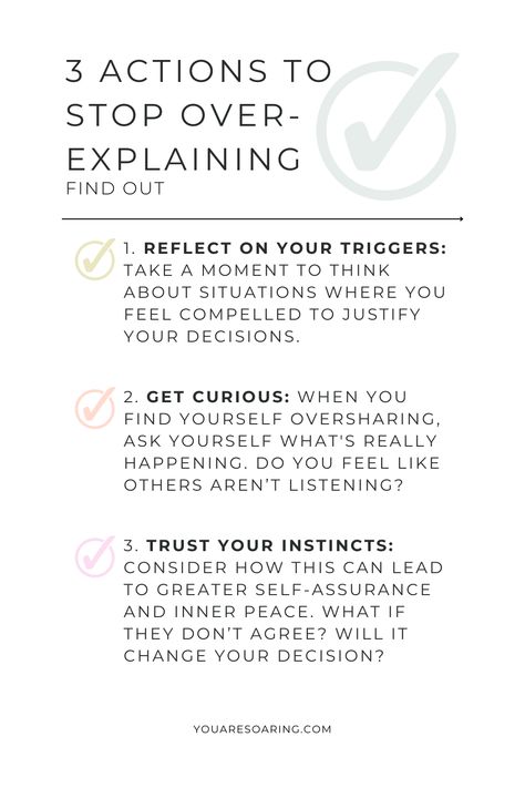 Do you feel the need to constantly explain yourself to others, just to be understood?

Sarah always felt the need to justify her every move – at work, with friends, even at home. One day, she realized how draining it was and decided to trust herself more.

Sarah’s journey reminds us that the only approval we need is our own. Embrace your values and enjoy the freedom and confidence that comes with it!

Read more in our newest blog, “3 Actions To Stop Over-Explaining”!!🤍 Stop Justifying Yourself, Stop Over Explaining Yourself, Over Explaining, You Talk Too Much, To Be Understood, Talk Too Much, Trust Your Instincts, Socially Awkward, Knowing Your Worth