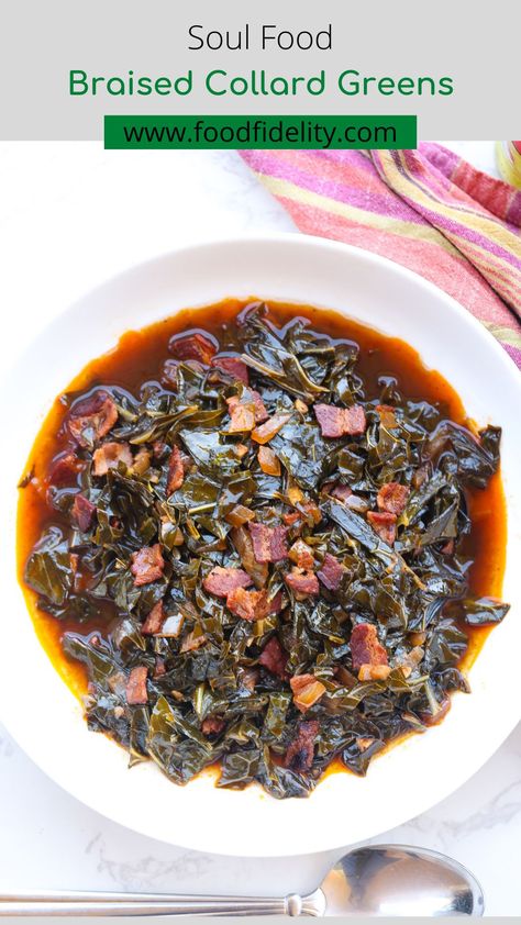 Braised collard greens with bacon a classic flavorful Southern dish. Combines tender greens, crispy bacon, and savory broth for a tasty meal. #braisedcollardgreens #collardgreenswithbacon #collardgreenrecipes #sidedish #soulfood #comfortfood #southernfood #dinner Braised Collard Greens, Greens With Bacon, Collard Greens With Bacon, Greens Recipes, Southern Collard Greens, Collard Greens Recipe, Recipes Southern, Austin Food, Vegetable Side Dishes Recipes