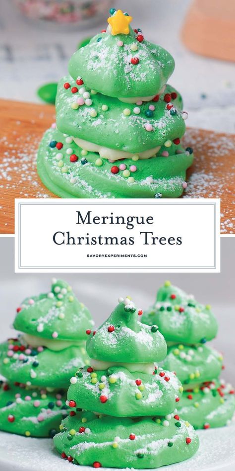 Melt in your mouth Meringue Christmas Trees are so easy to make and look amazing on the table. Extra light, crunchy and delicious! Christmas Tree Meringue Cookies, Meringue Christmas Tree, Tree Meringue, Meringue Christmas, Christmas Meringue, Dessert For Christmas, Holiday Entertaining Food, Christmas Puddings, Amazing Christmas Trees