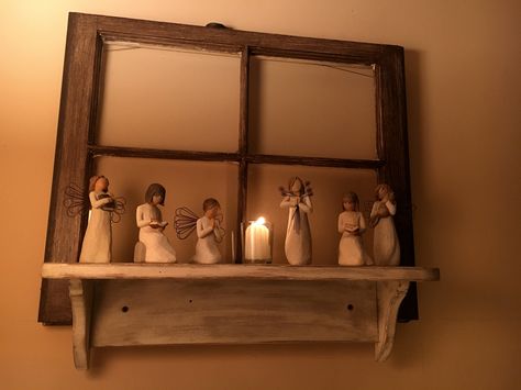 A great little local find recently. After I brought this reclaimed window with added shelf, I realized it would be a perfect place to display my Willow Tree angels. Willow Tree Angel Display Ideas, Willow Tree Display Ideas, Willow Figurines, Angels Decor, Figurines Display, Dragon Fruit Tree, Family Trees Diy, Tree House Interior, Willow Tree Figures