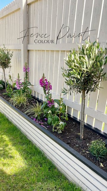 Garden Painted Wall, Neutral Fence Paint, Fence Makeover Before And After, Garden Painted Fence, Beige Fence Paint, Light Gray Fence Paint, Fencing Garden Ideas, Back Garden Fence Colour Ideas, Decking And Fence Colour Ideas