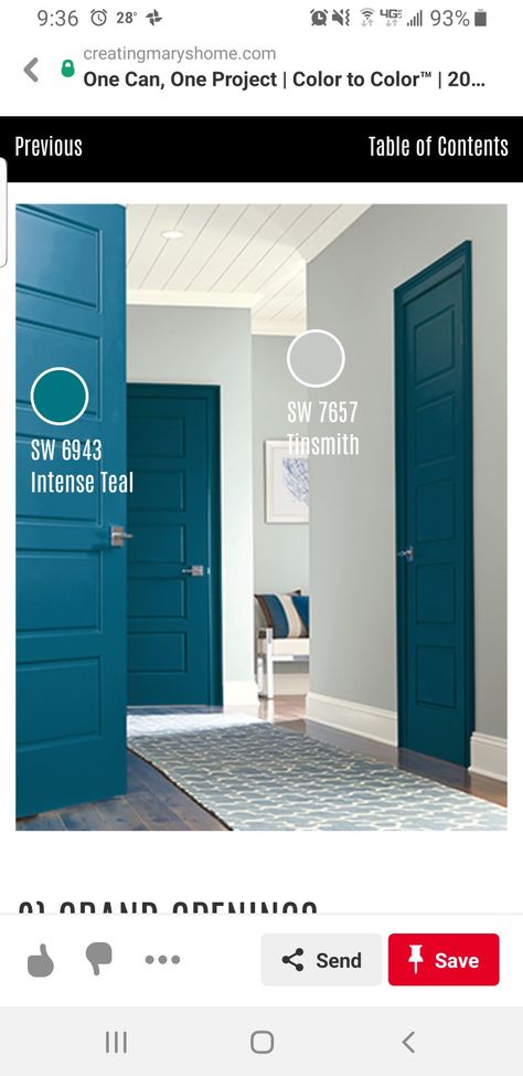 Sherwin Williams Intense Teal, Turquoise Doors Interior, Teal Doors Interior, Intense Teal Sherwin Williams, Painted Ceiling White Walls, Sherwin Williams Teal, Mc Bathroom, Paint Doors Interior, Teal Wall Colors