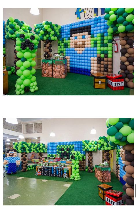 Minecraft Party Balloons, Minecraft Balloon Decorations, Minecraft Backdrop Birthday, Minecraft Balloon Garland, Minecraft Balloon Arch, Minecraft Balloon Ideas, Minecraft Balloons, Minecraft Birthday Decorations, Character Table